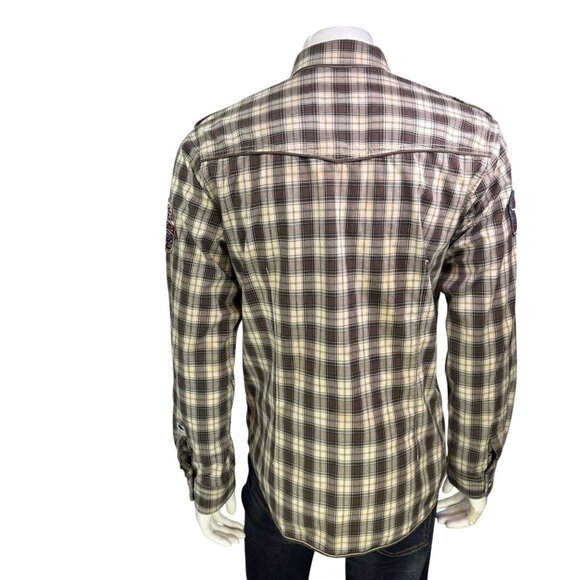 Buffalo David Bitton Mens Western Shirt Pearl Snap Brown Plaid Patch Size L - Picture 9 of 14